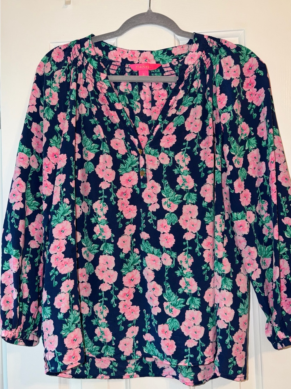 Lilly Pullitzer L/S Elsa Silk Top Blouse Navy Pink Floral with Smocking Small
